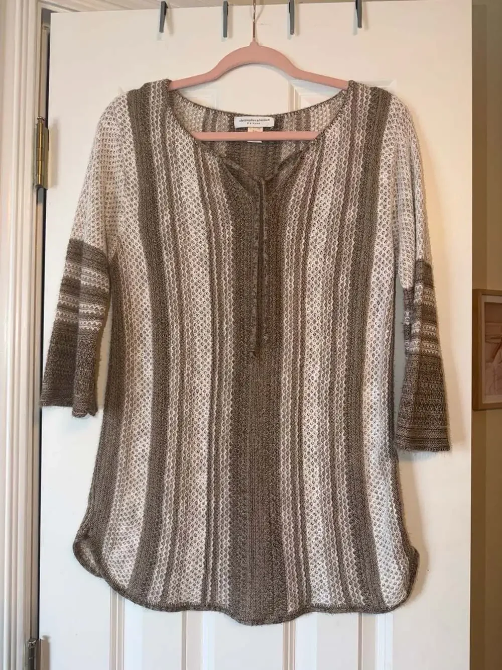 Christopher & Banks Petite Striped Knit Tunic Sweater with Lace-Up Neckline